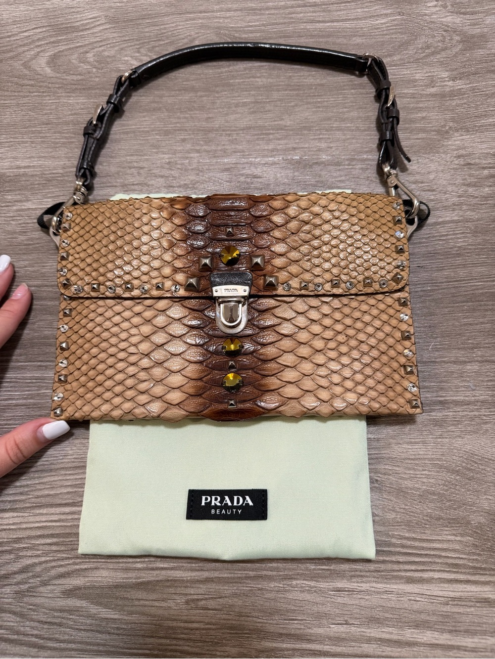 Prada Beige & Brown pitone pietre Shoulder Bag with Stud Detail